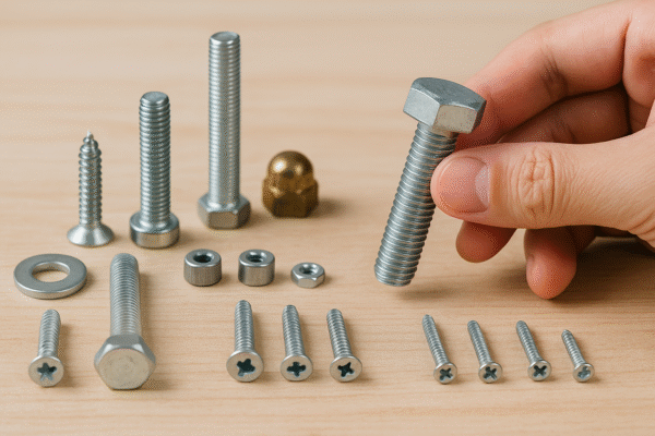 A selection of various metal fasteners arranged on a wooden surface, with a hand picking up a hex bolt.