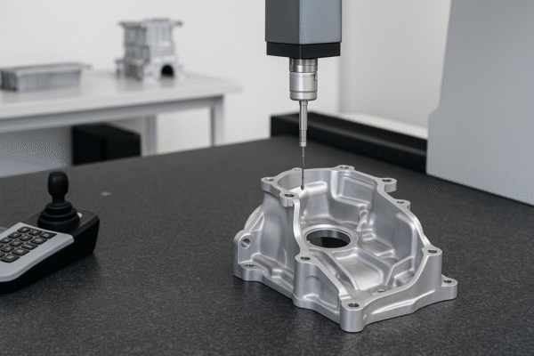 A coordinate measuring machine inspects a precision aluminum part on a granite surface in a clean QC lab.