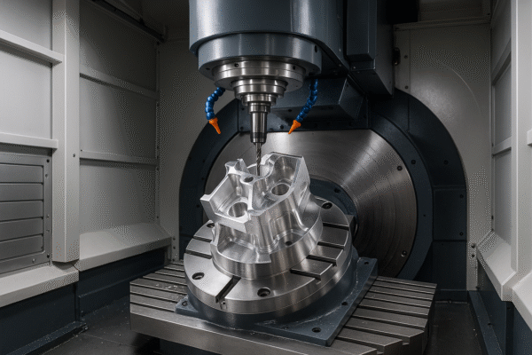 Close-up of a high-speed, multi-axis CNC machining center processing an aluminum part.