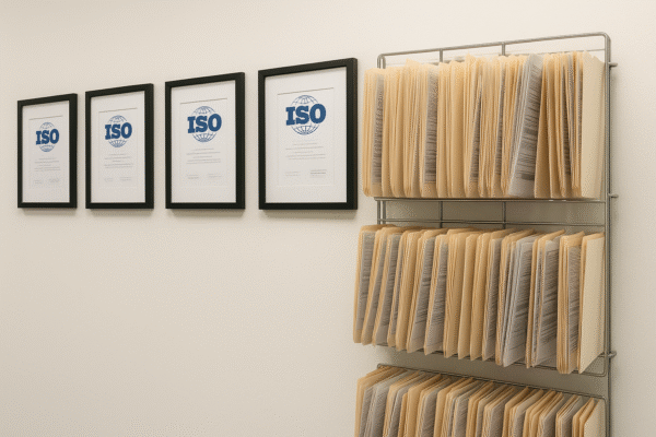 Wall-mounted ISO certificates and a metal rack of organized production batch records in a quality office.