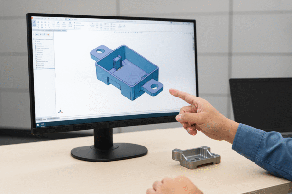 A CAD model of a custom metal part displayed on a monitor, with a matching metal prototype placed on the desk.