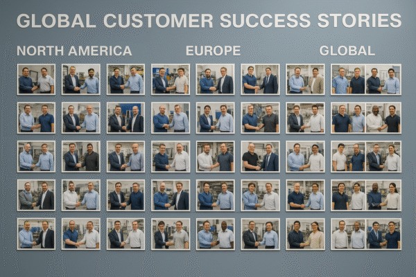A wall filled with framed customer collaboration photos from North America, Europe, and global regions.