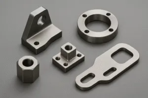 Five custom-machined metal parts with precision finishes arranged on a gray background.
