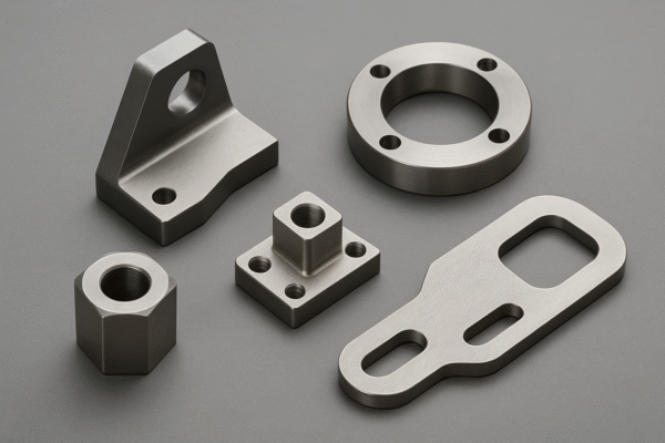 Five custom-machined metal parts with precision finishes arranged on a gray background.