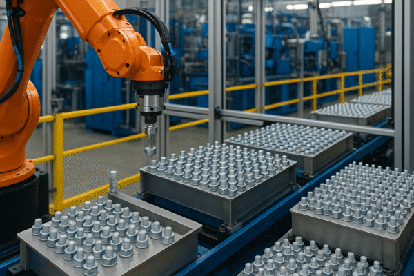 Robotic arm assembling custom metal fasteners on an automated production line in a modern factory.