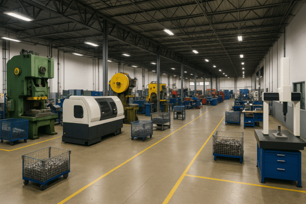 An organized industrial workshop floor with stamping presses, CNC rolling machines, thread rolling equipment, and inspection stations.