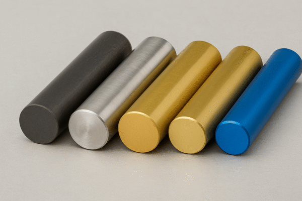 Cross-sectional samples of carbon steel, stainless steel, brass, gold anodized aluminum, and blue anodized aluminum rods on a gray background.