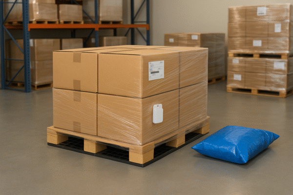 RFID-tagged export pallet with waterproof packaging in a clean warehouse, ready for international shipment.