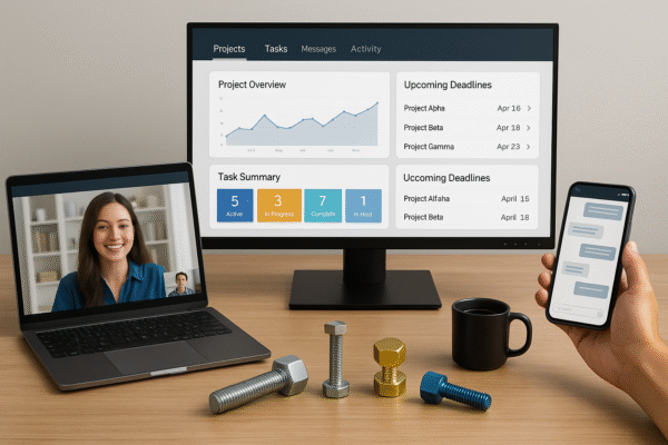 Modern workspace with multiple monitors displaying video call, chat interface, and a real-time project dashboard.