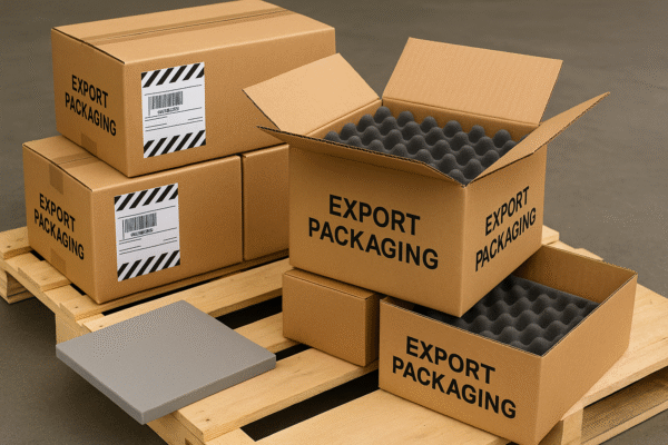 Custom export packaging with printed cartons, foam-lined interiors, barcode labels, and seaworthy wooden pallets.