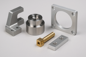 Four custom precision-machined metal parts with complex geometries arranged on a clean gray background.