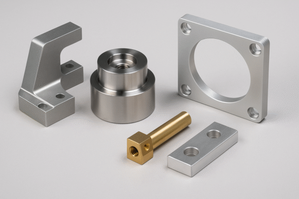 Four custom precision-machined metal parts with complex geometries arranged on a clean gray background.