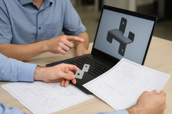 Engineers reviewing a 3D model and technical drawing of a custom metal stamping part during a consultation meeting