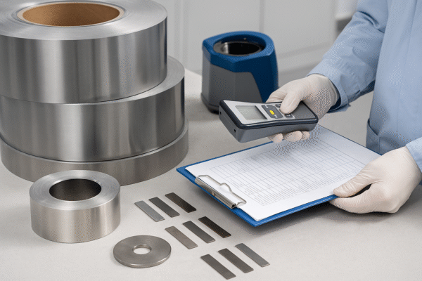 Technician inspecting stainless steel coils and test samples for metal stamping production quality control