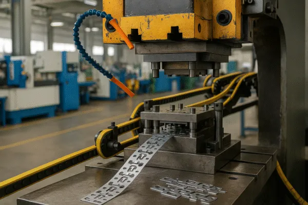 Automated metal stamping process with punch press and precision die cutting parts on a factory production line