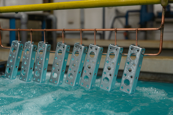 Zinc-plated metal brackets undergoing electroplating in an industrial surface treatment bath