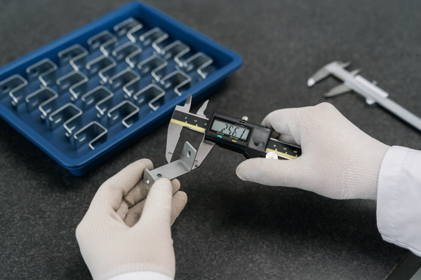 Technician using digital caliper to inspect dimensions of a metal stamping part in a quality control process