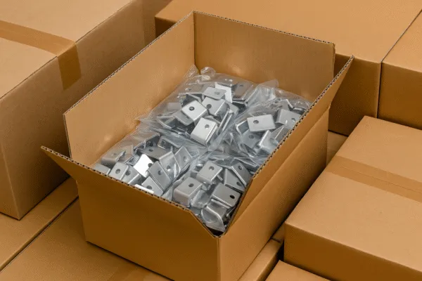 Cardboard box filled with individually packed metal stamping parts, surrounded by other sealed boxes for shipment