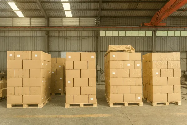 Boxes on pallets in clean warehouse