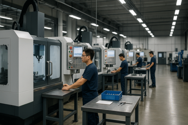 A high-resolution photograph captures an expansive CNC machining workshop inside Prime’s factory. Several East Asian technicians in navy uniforms are operating advanced CNC machining centers, each positioned at clean, organized workstations. The space is brightly lit with overhead lights, featuring polished concrete floors and a modern industrial layout.