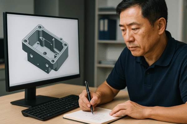 Experienced Asian engineer reviewing a 3D CAD model of a CNC part on a computer monitor, taking notes for DFM improvements in a modern office setting.