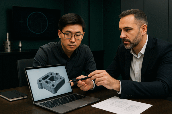 Prime engineer and an overseas client reviewing a 3D CAD file together, identifying opportunities to reduce complexity and production cost.