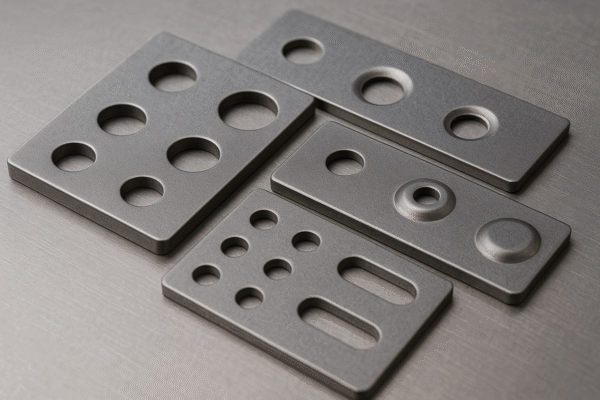 Rectangular stamped metal samples with evenly spaced holes, radiused edges, and consistent thickness, demonstrating standard geometric features.