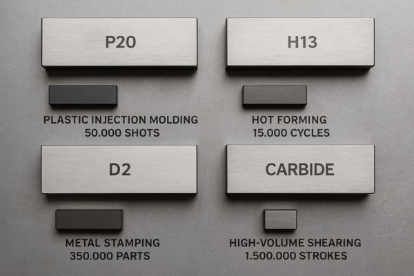 A comparative layout of different tool steels—P20, H13, D2, and Carbide—with matching hardened inserts, showcasing material applications and expected tool life.