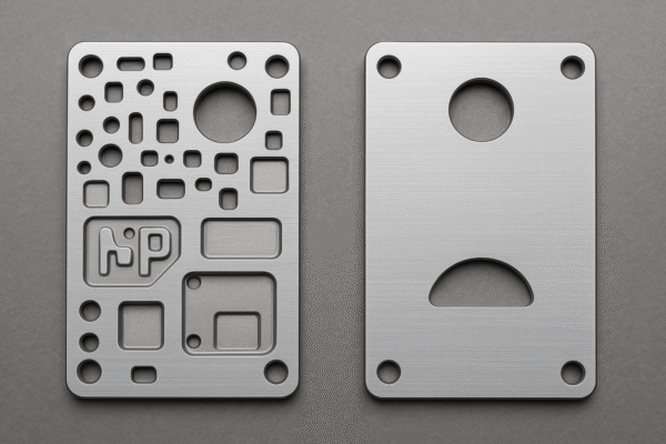 Two stamped metal parts side by side—one with many complex cutouts and features, the other simplified for cost-effective tooling and production.