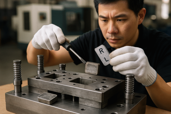 Prime technician using basic tools to replace worn die inserts, holding clearly marked components for quick maintenance in a precision stamping setup.