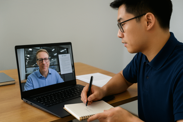 Prime project manager conducting a video call with an American client, taking notes while discussing project status, delivery timeline, and quality control updates in a bilingual session.