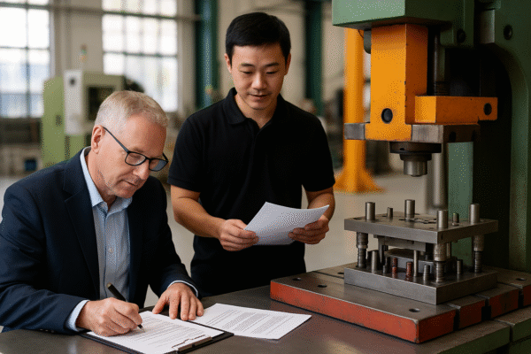 An international buyer signing delivery documents at Prime's facility while a technician assists, with a new stamping die and machine setup nearby for live testing.