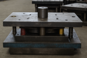 A heavy-duty metal stamping die sitting on a workshop floor, featuring upper and lower plates, guide pillars, and colored springs for cushioning.