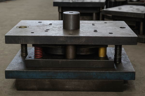 A heavy-duty metal stamping die sitting on a workshop floor, featuring upper and lower plates, guide pillars, and colored springs for cushioning.