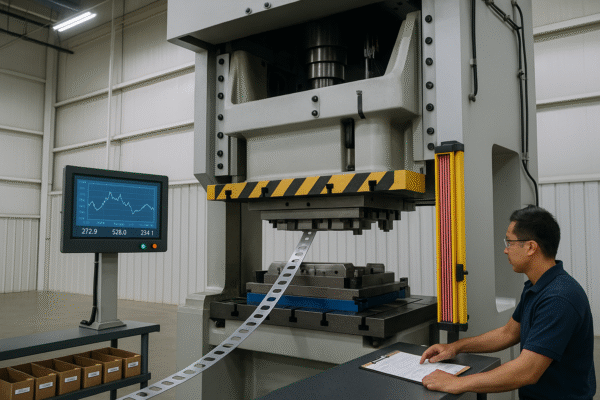 High-resolution image of an industrial first-level stamping press line equipped with real-time load monitoring on a nearby screen and a yellow safety light curtain, operated by an engineer in a modern manufacturing facility.