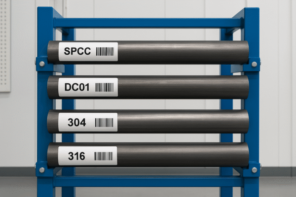 An organized industrial rack holds four cylindrical steel bars labeled SPCC, DC01, 304, and 316, each with barcode tracking, in a brightly lit warehouse setting.