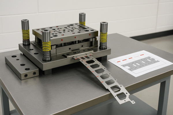 Progressive die on a workbench with clearly marked stations, a quick-change plate, and a detailed strip layout sheet.