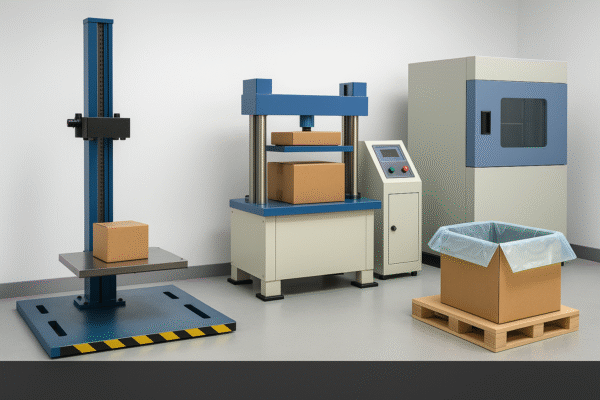 A high-resolution digital photograph of an export packaging laboratory equipped with a drop test machine, an edge crush tester, a humidity chamber, and corrugated cartons lined with VCI material, all neatly arranged in a bright testing space.