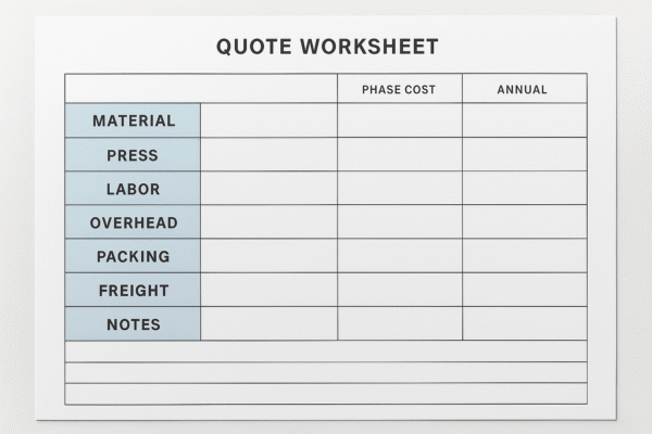 High-resolution digital photograph of a quote worksheet with columns for phase cost and annual cost, and rows labeled Material, Press, Labor, Overhead, Packing, Freight, and Notes.