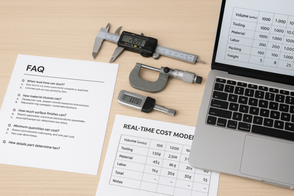A high-resolution digital photograph showcases an organized workspace for custom metal parts, featuring printed FAQs, a real-time cost model sheet, precision measuring tools, and a laptop displaying cost data.