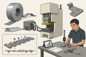 A high-resolution digital illustration showcases various stages of the metal stamping process, including a steel coil feeding into a stamping press, a progressive strip layout diagram, a finished L-shaped part, and a quality control inspector measuring parts with precision tools.