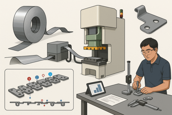 A high-resolution digital illustration showcases various stages of the metal stamping process, including a steel coil feeding into a stamping press, a progressive strip layout diagram, a finished L-shaped part, and a quality control inspector measuring parts with precision tools.