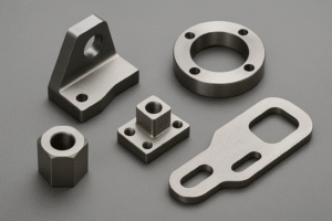 Five custom-machined metal parts with precision finishes arranged on a gray background.