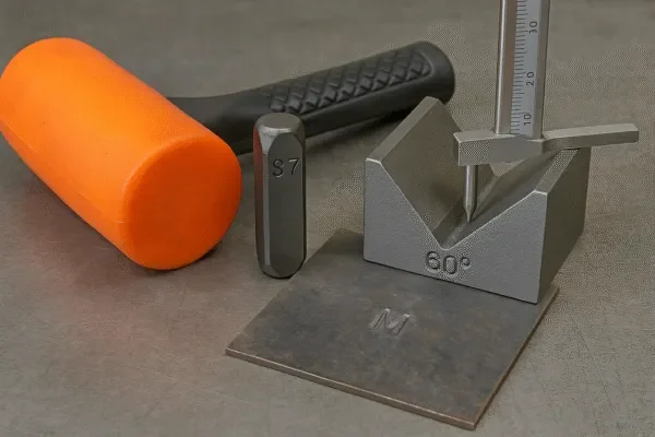 60-degree metal stamping and marking jig with height gauge, steel stamp and orange mallet on workshop surface.