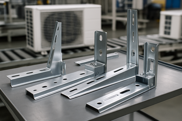 Several silver L-shaped metal brackets with slotted holes, lined up on a factory workbench with HVAC units in the background.