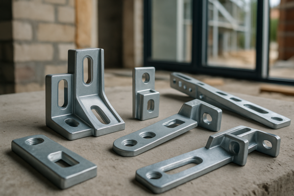 Assorted L-shaped and flat metal window/door connector brackets with elongated slots and round holes, displayed on a concrete surface in front of a window frame.