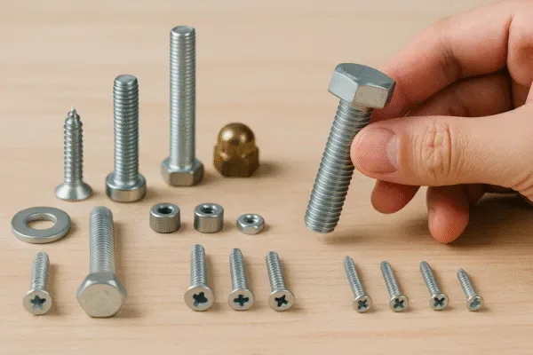 Assorted metal fasteners on a workbench with a hand holding a hex bolt, showing bolts, screws, and washers for industrial assembly.