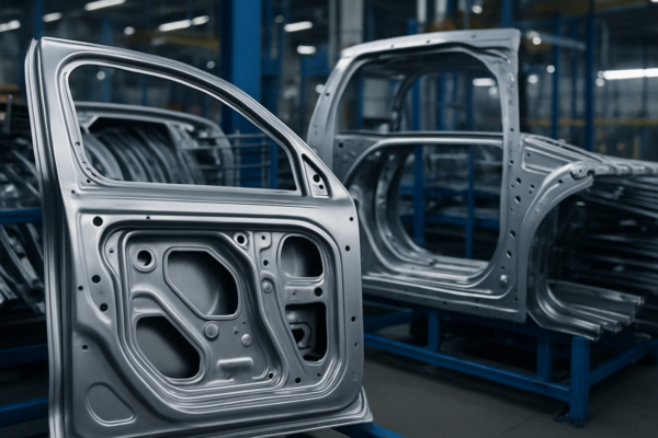 Blank automotive door panels stamped from sheet metal, arranged on blue storage racks inside a factory.