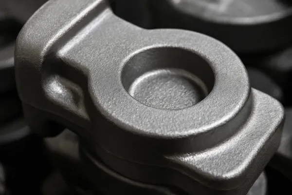 Close-up of a forged steel component with a rough as-forged surface finish and precision bore.