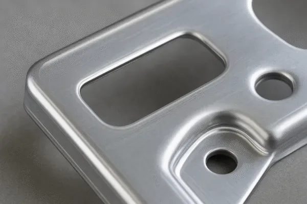 Close-up of a formed sheet metal stamping part with slotted hole, round holes, and smooth deburred edges.